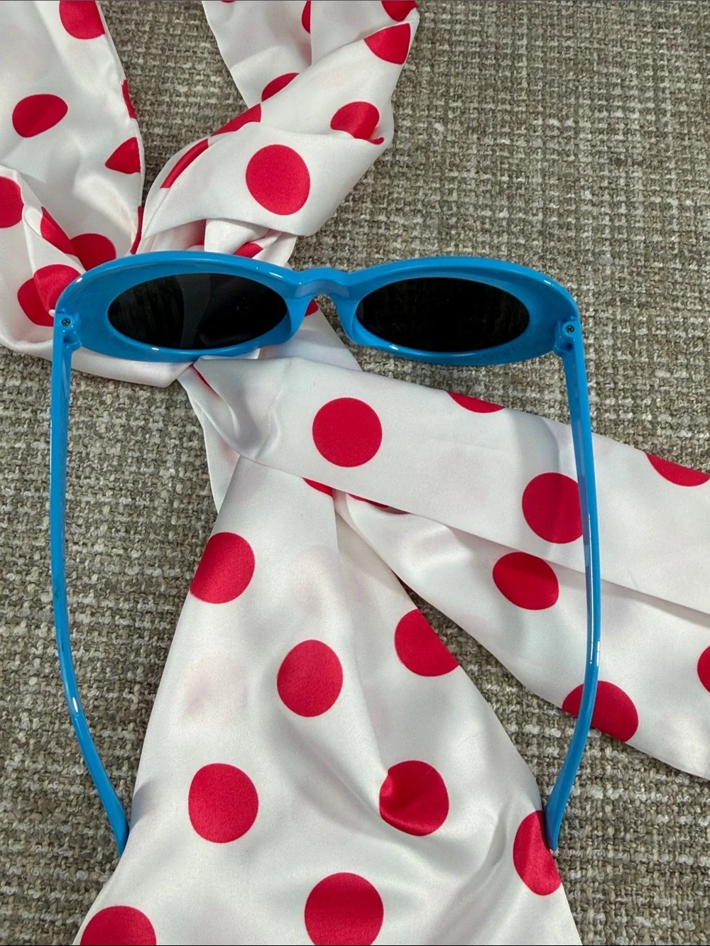 Polka Dot Hair Scarf - Pink on White and blue frame sunglasses 80’s 90’s Ya2K